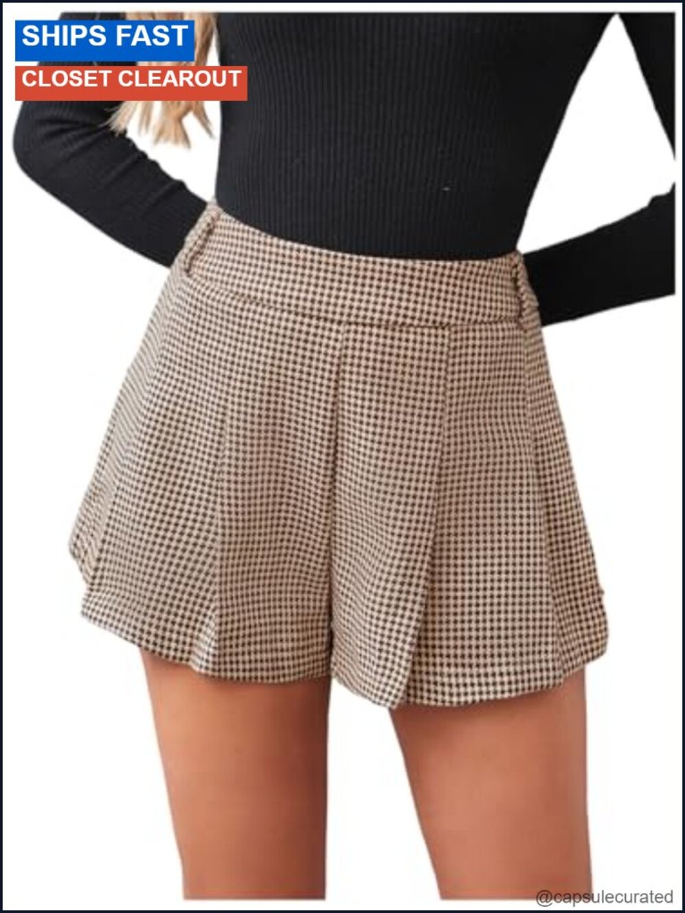 Houndstooth Plaid Pleated High Waisted Skorts Wide Leg Dressy Shorts
